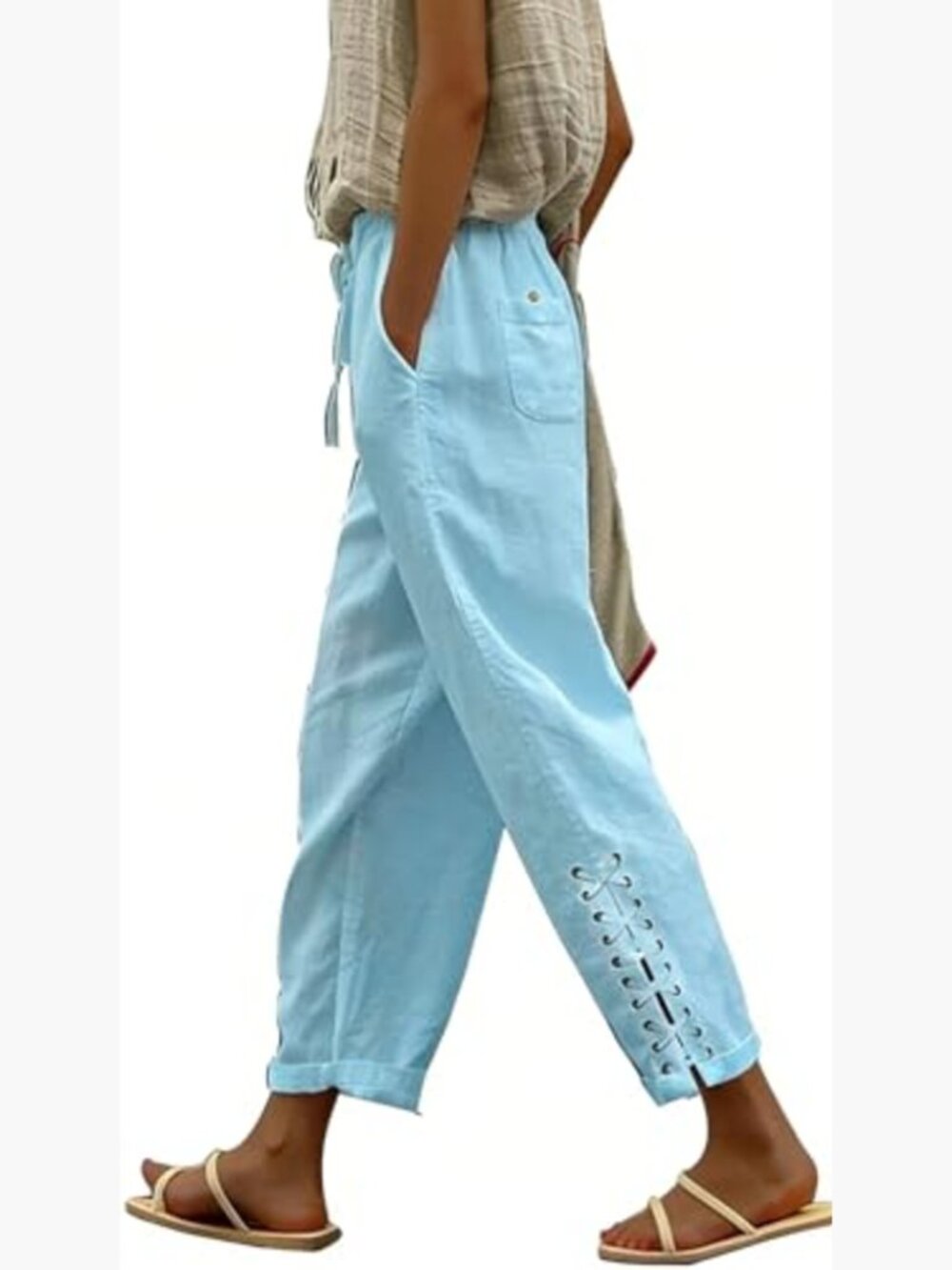 Women Cotton Linen High Waist Casual Pants Lightweight Gauze Trousers with